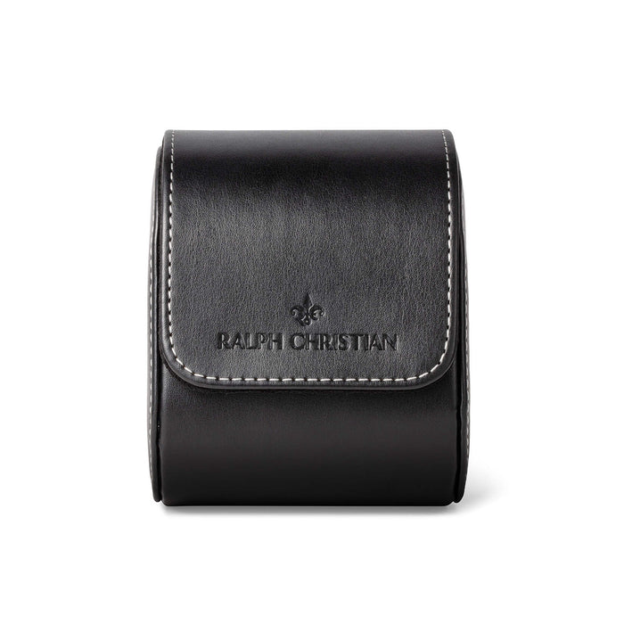 Black leather Watch Case with white stitching and embossed Ralph Christian logo on the front, designed for secure luxury watch storage and travel convenience.