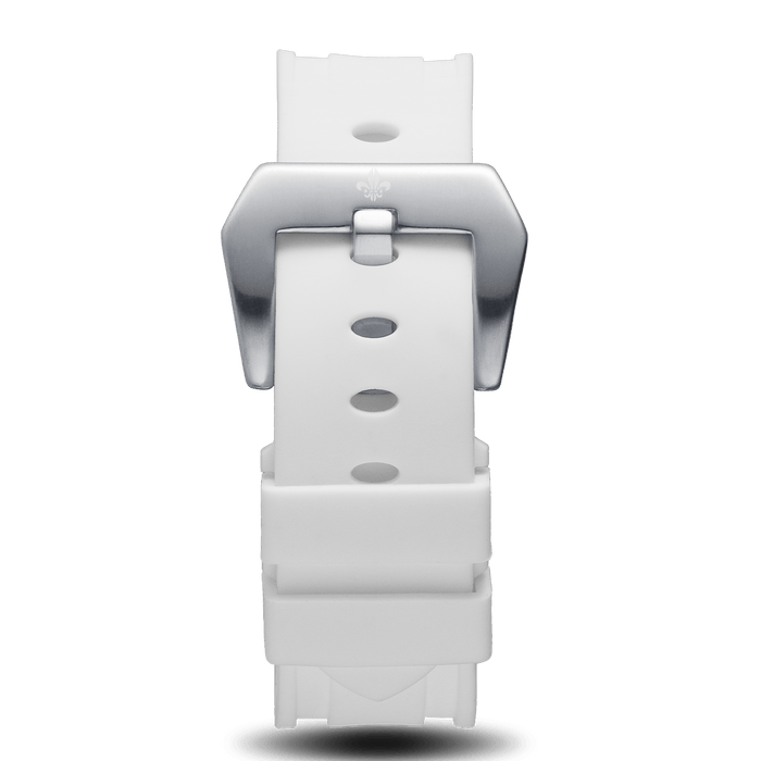 White Silicone Strap With Silver Buckle designed for men, featuring a smooth white silicone material and a polished silver buckle, reflecting Ralph Christian’s bold by design luxury aesthetic.