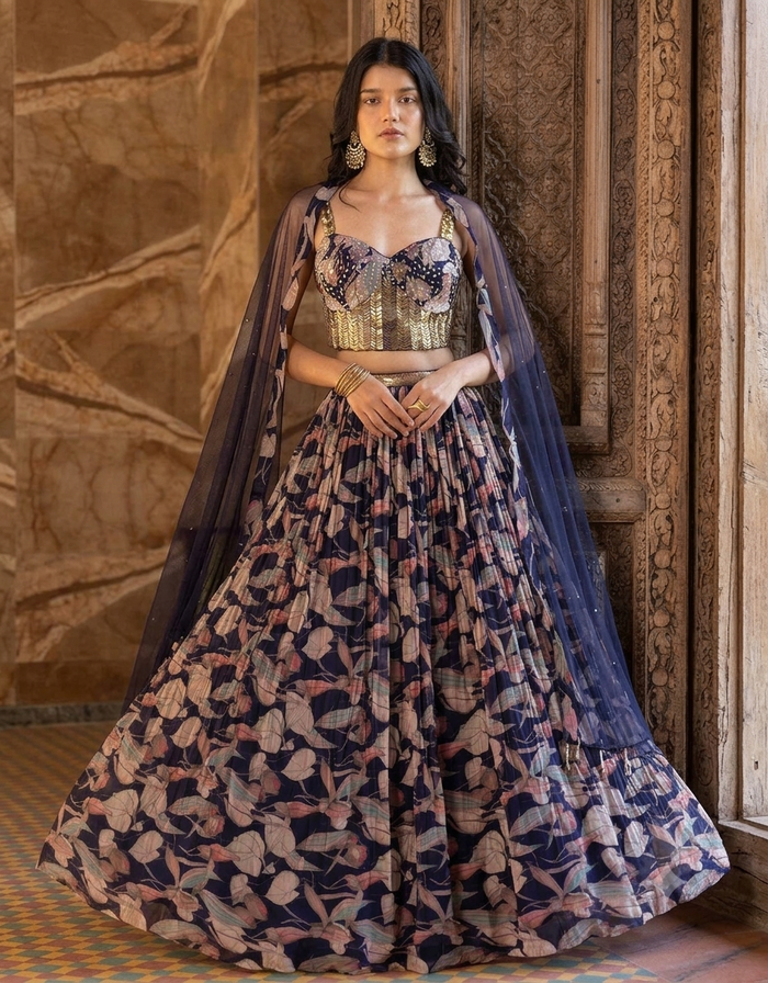 Wine Floral Print Lehenga