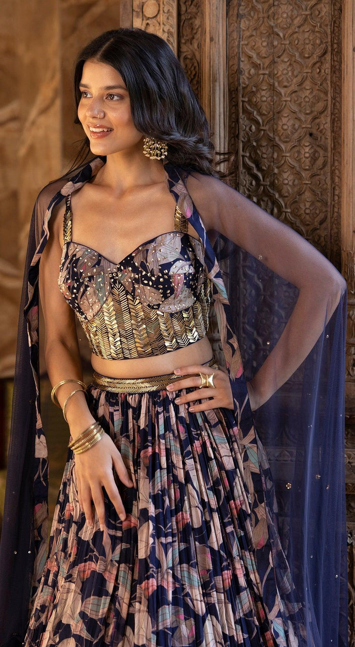 Wine Floral Print Lehenga
