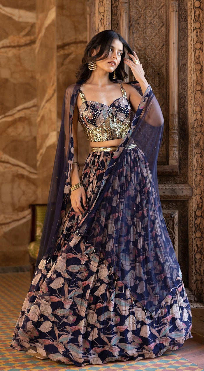 Wine Floral Print Lehenga