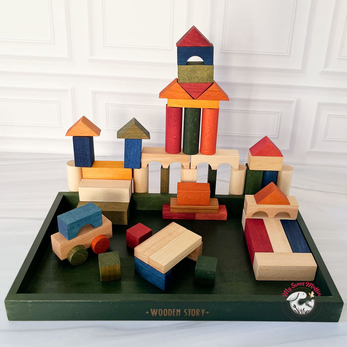 Wooden Story Rainbow Wooden Blocks in Green Tray, 54pcs
