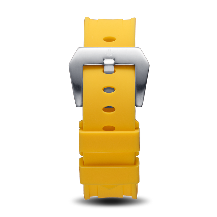 Yellow Silicone Strap With Silver Buckle designed for men, featuring a bold yellow silicone material and a sleek silver buckle for a standout statement accessory.