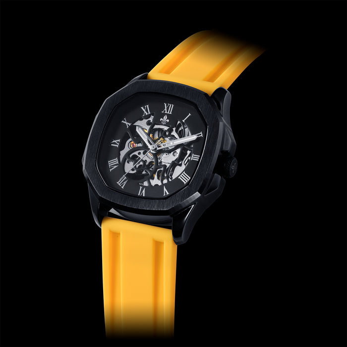 Yellow Silicone Strap With Silver Buckle featuring a bold black watch case and skeleton dial with Roman numerals, designed for men by Ralph Christian, statement luxury.